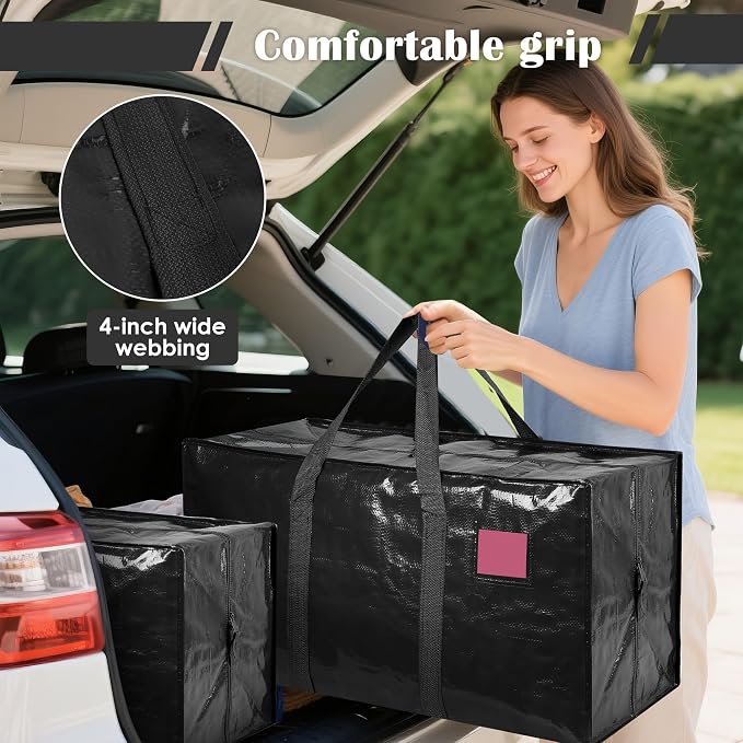 6 Pack Moving Bags with Full-Open Side Zipper, Extra Large 93L Heavy Duty Waterproof Foldable Storage Totes for College Dorm, Moving & Home Organization Black - Image 6