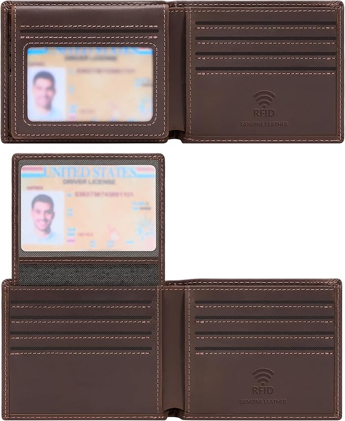 Travelambo Genuine Leather Wallet for Men with Gift Box - Handmade Bifold Stylish - Mens Wallets Rfid Blocking with 2 ID Windows by Travelambo
