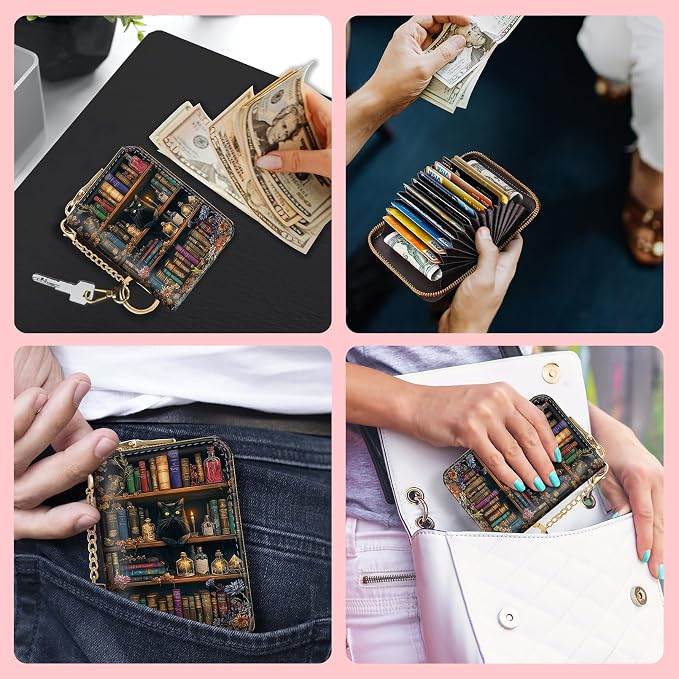 Blusabaca RFID Credit Card Holder Small Women Travel Wallet, Bookshelf Cat | Removable Keychain, Case with Zipper, Vegan PU Leather, Cash Coin Pocket, Business Accordion Purse, Ladies Female Gift - Image 3