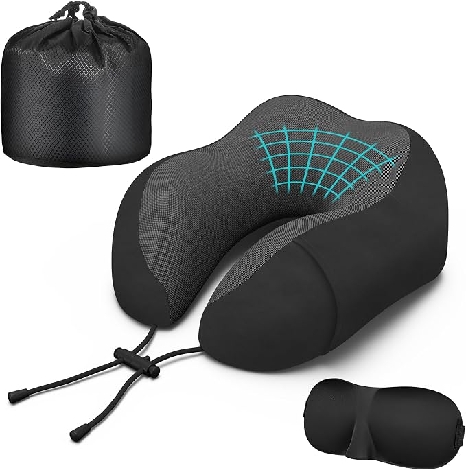 Travel Neck Pillow,Neck Pillow for Sleeping Travel,Airplane, Car, Office | Upgraded Memory Foam Neck Pillow for Travel,Machine Washable, Adjustable Flight Pillow, Suitable for Sleeping (Black) by Phentzari