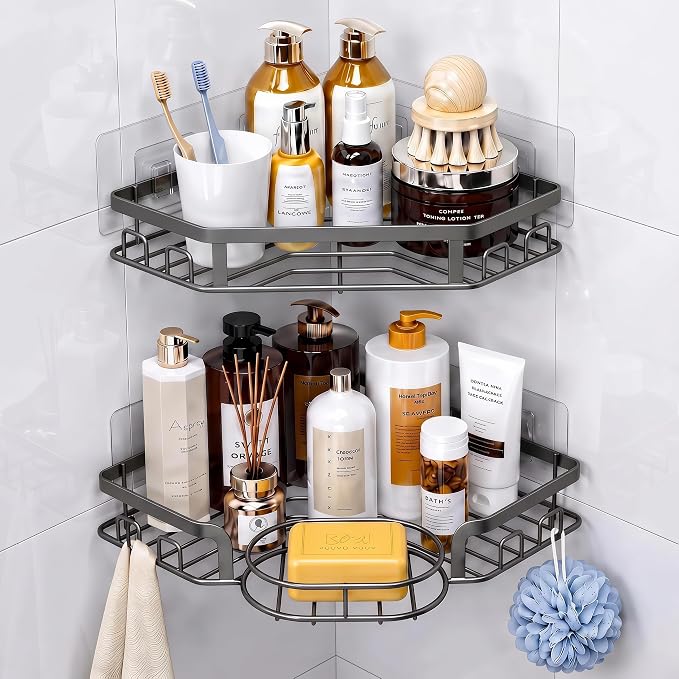 Corner Shower Caddy, Rustproof Shower Organizer with Soap Holder and 8 Hooks, No Drilling Adhesive Shower Shelves for Inside Shower, Large Capacity Shower Rack for Bathroom Shower Storage, Grey by MAXIFFE