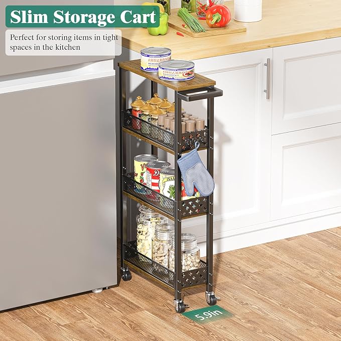 4-Tier Rolling Slim Storage Cart Kitchen Bathroom Laundry Organizer | 5.9"wide, wood rack tier, with 3 hooks, carbon steel, suitable for compact spaces, 360° swivel wheels with brakes, black - Image 2