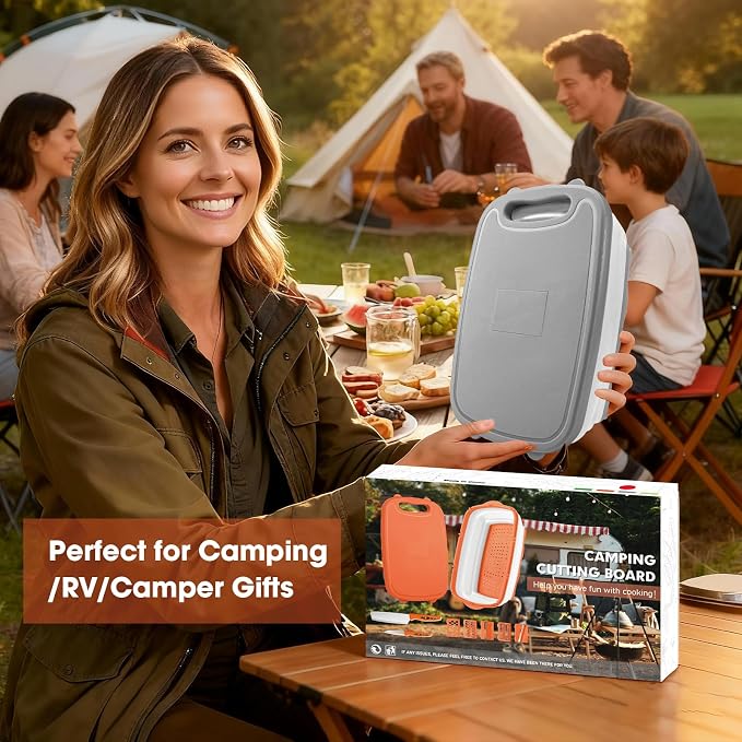Gintan Camping Cutting Board, 9-in-1 Collapsible Chopping Board with Colander, Outdoor-Kitchen Vegetable Washing Basket for Campers, Camping Gifts Camping Accessories for RV Campers (Gray) - Image 2