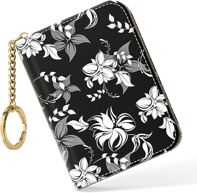 Nipichsha Women's Slim Leather RFID Wallet, Black Flower, Compact Size, 12-Slot with Zipper and Keychain | Leather Card Holder Wallet, Credit Card Wallet Organizer, Business Card Case with Zipper & Keychain, 12-Slot Compartment by Nipichsha