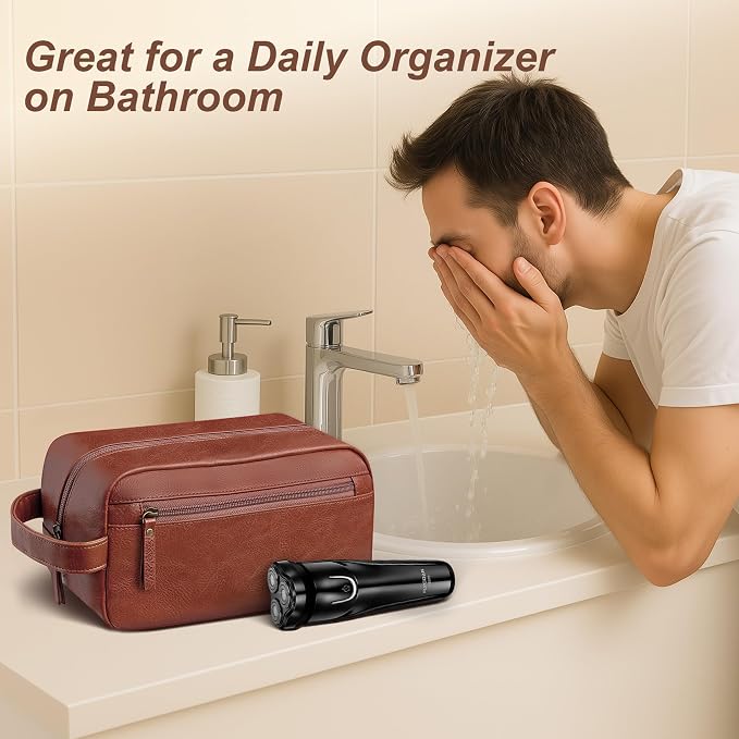 Travel Toiletry Bag for Men and Women, Travel Shaving Dopp Kit Water-resistant Bathroom Toiletries Organizer PU Leather Cosmetic Bags (Brown) - Image 6