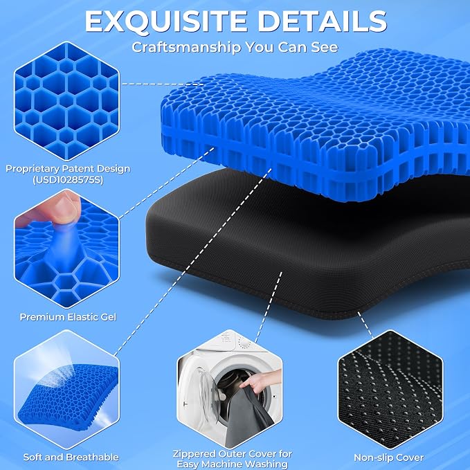 TushGuard Gel Seat Cushion for Long Sitting, Breathable Thick Patent Design | Enlarged Cooling Chair Pad for Office Chair, Wheelchair, Desk Chair, Supportive Car Cushion (2"Thick, Black+Blue) - Image 4