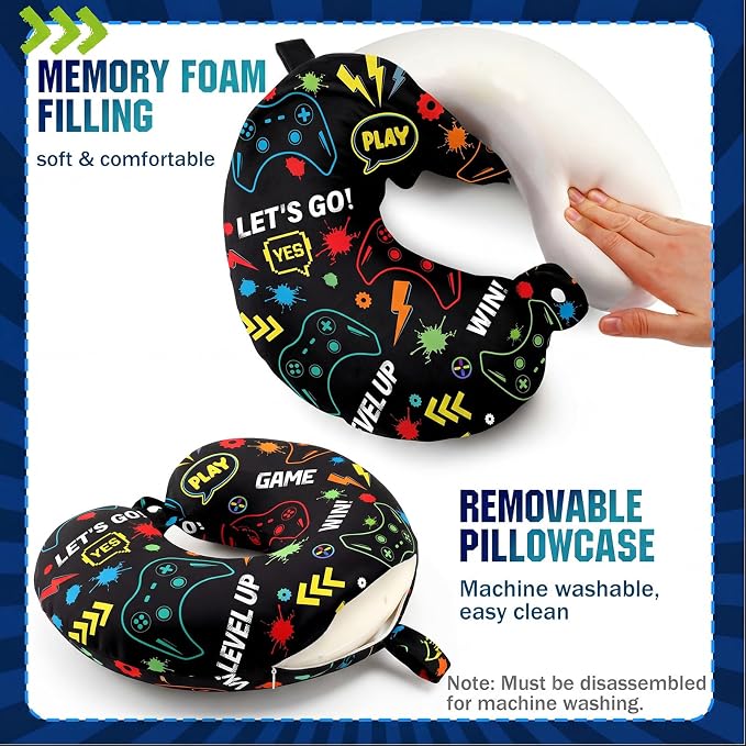 Gilprop 2 Pcs Gaming Travel Pillow with Sleep Eye Mask, U Shaped Memory Foam Headrest & Neck Pillow with Washable Cover, Soft Neck Head Support Travel Accessories for Airplane Car Train Bus Trips - Image 5