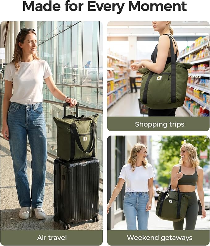 Foldable Travel Bag, 26L Duffle Bag for Travel, Expandable Second Carry-On Bag for Travel & Shopping, Water-Resistant Personal Item Bag, Olive Green - Image 8