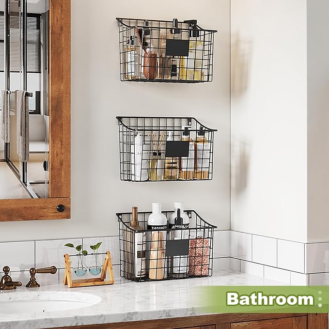 Wall Mounted Bin Basket with 5 Hooks 3 Label Plate Adhesive-3 Pack, Cabinet Hanging Metal Wire Basket,Rustic Farmhouse Decor, Storage Organization Shelf for Pantry Kitchen Bathroom 10.6*7.5*5.1inch - Image 5