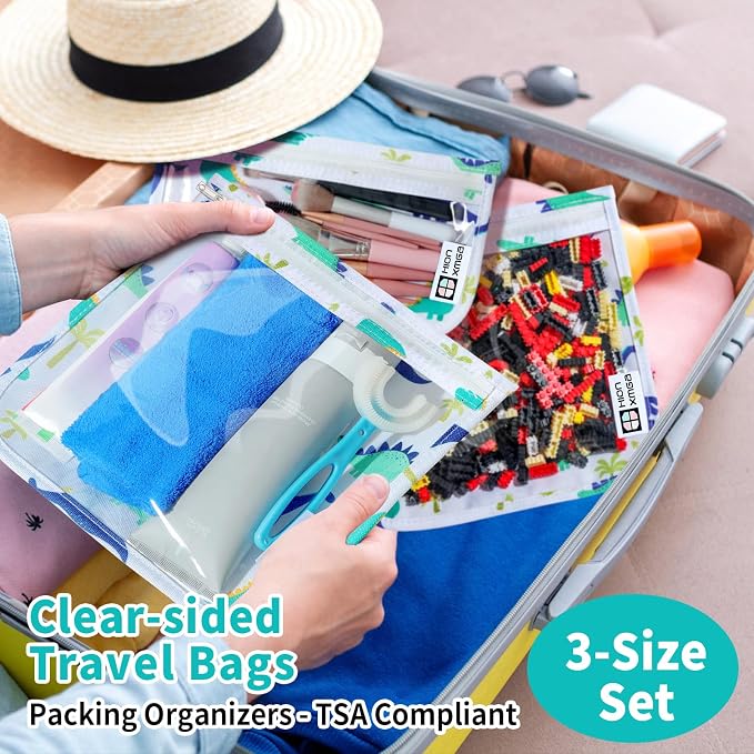 HIONXMGA Set of 3 Clear Travel Toiletry Bag, TSA Approved, Quart Size S/M/L | Clear Front Zipper Pouches Waterproof Cosmetics Bags for Women Kids Toiletries Baby Essentials Well-Organized, Dinosaur White - Image 2