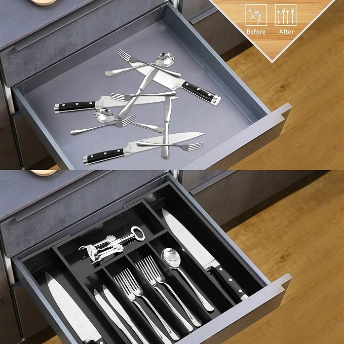 VaeFae Bamboo Drawer Organizer, Medium, Black | Wooden Utensil Holder for Forks Knives, 38 cm D x 29.2-45.7 cm W, 5-7 Slots, Black - Image 5