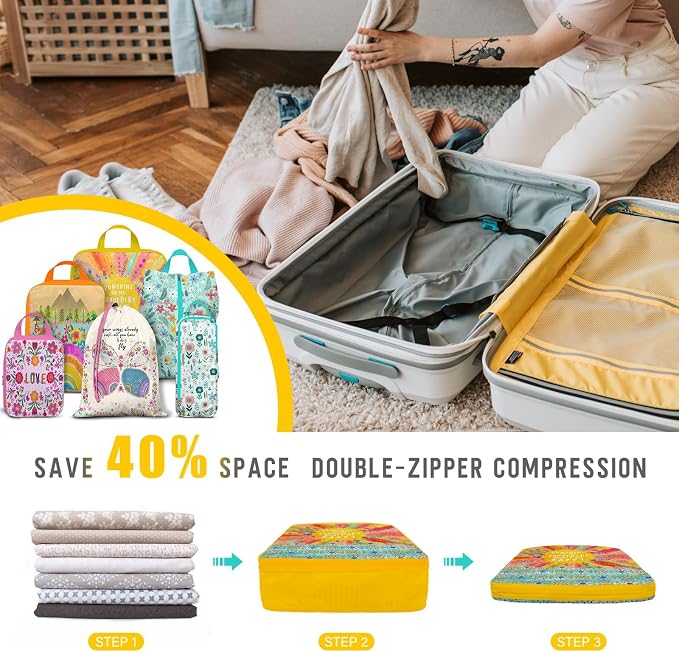 6 Set Packing Cubes Compression Bags for Travel, Floral Packing Organizers for Luggage with Shoe Bags for Packing In Suitcase, Colorful Compression Bags for Storage Trip and Family Vacation - Image 5