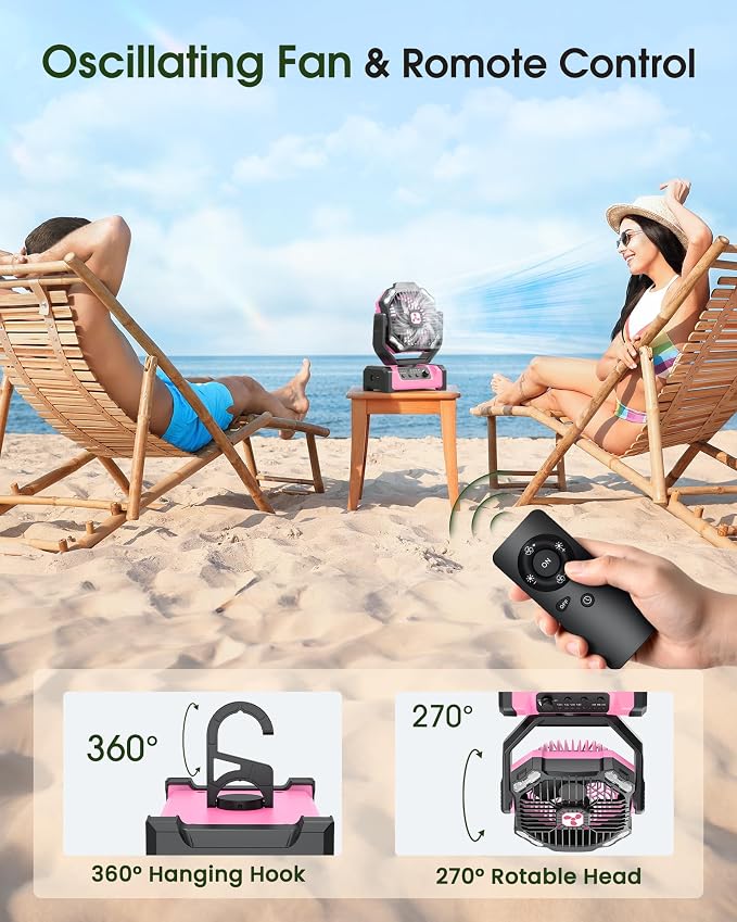 Portable Camping Fan with LED Lantern, 20000mAh Personal Rechargeable Fan | LED Lantern & Remote, Oscillating,Timer, Remote Auto, Hook for Tents Travel Outdoor Camp Beach Home Gifts - Image 6