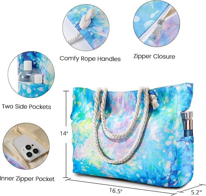 Clothirily Beach Bag for Women, Large Beach Tote Bag Waterproof with Zipper | Large Capacity Swim Pool Bag, Inner Pockets, Sandproof Foldable Beach Tote for Travel Essentials - Image 4