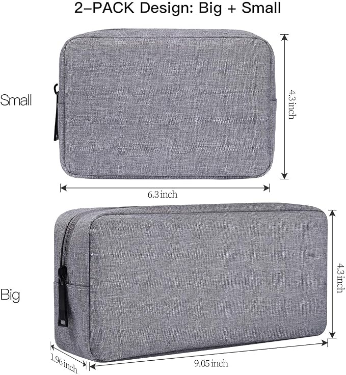 Portable Electronics Accessories Storage Bag, 2PCS Big + Small Carrying Case Travel Cable Organizer Cosmetic Bag Pouch Compatible Hard Drive, Power Bank, Mouse, Laptop Charger, Cellphone, Gray - Image 2