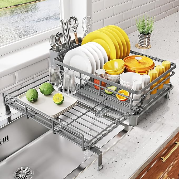 SNTD Expandable Dish Drying Rack for Kitchen Counter, Stainless Steel, Grey | Foldable Over Sink, Large Capacity, Adjust to Fit Most Sinks, Angled Drainboard, Removable Utensil Holder, Slip Resistant by SNTD