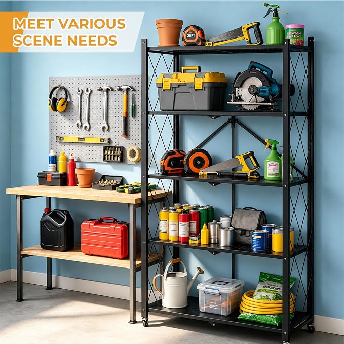 COKIHOM 5 Tier Foldable Storage Shelf with Wheels, Heavy Duty Metal Rolling Shelf Rack, No Assembly Wire Shelving Unit for Kitchen, Books, Living Room, Pantry, Garage, Office, Bedroom, Black - Image 9