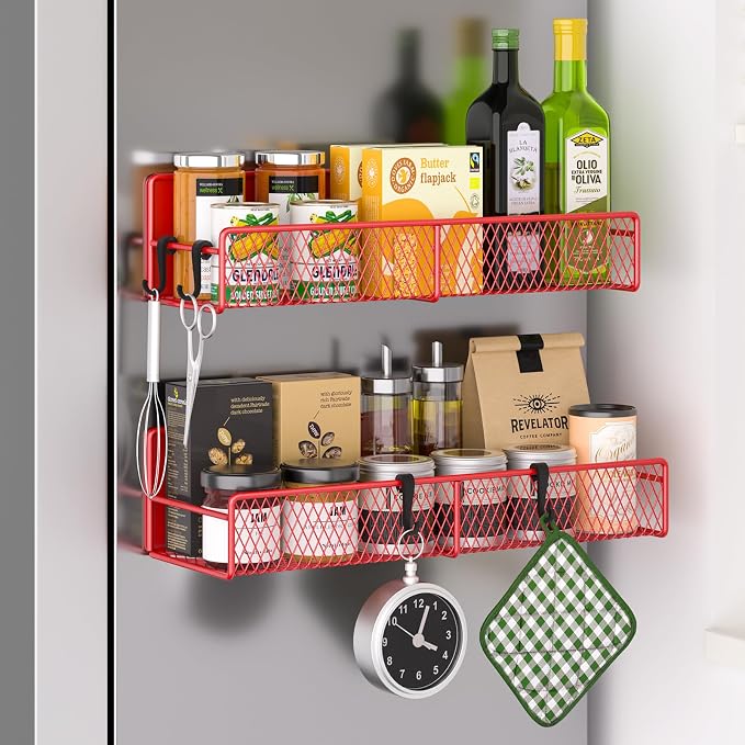 Magnetic Spice Rack for Refrigerator, 2 Pack 100% Metal Strong Magnet Shelf, Space Saving Spice Organizer W/ Hooks, Movable Magnetic Fridge Shelf, Kitchen Home Laundry Room Storage Organization, Red by DTUQYX