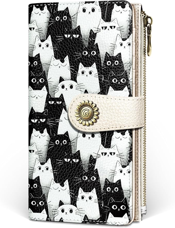 GIANCOMICS White Black Cat Womens Wallet RFID, Credit Card Holder Bifold | Billfold, Cute Cash Purse, Travel Zipper Coin Pocket, Compact Clutch, PU Leather, ID Window, 11 Card Slots, Ladies Gift Woman by Giancomics