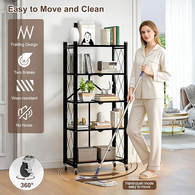5 Tier Folding Shelf with Wheels, Wood and Metal Bookshelf | No Assembly Foldable Storage Shelves, Vintage Storage Rack for Living Room, Bedroom, and Home Office - Image 6
