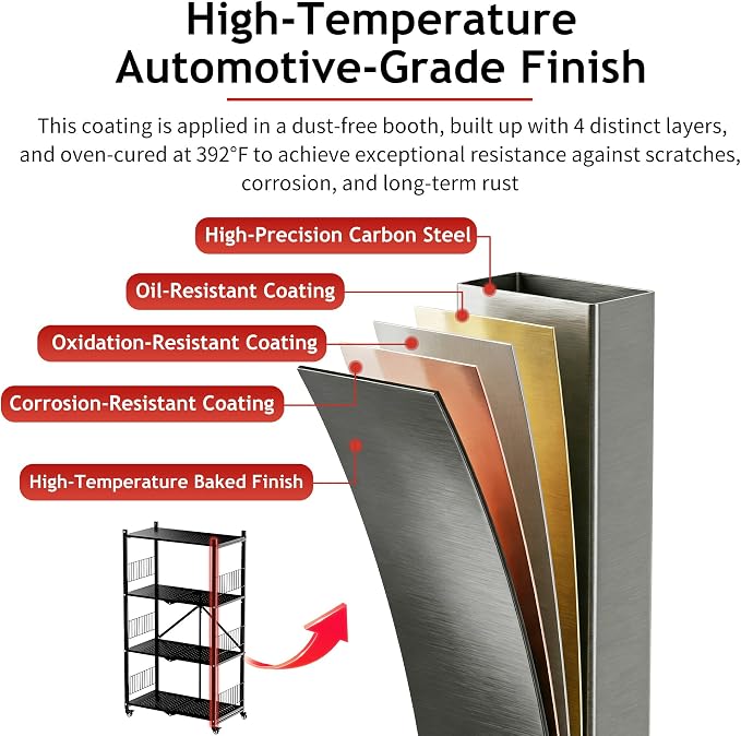 Folding Storage Shelves, 4-Tier Metal Foldable Shelf Shelving Rack Organizer On Rolling Wheels in Kitchen Warehouse Patio Pantry Garage Collapsible Shelves No Assembly (Black, 4-Layer) - Image 8