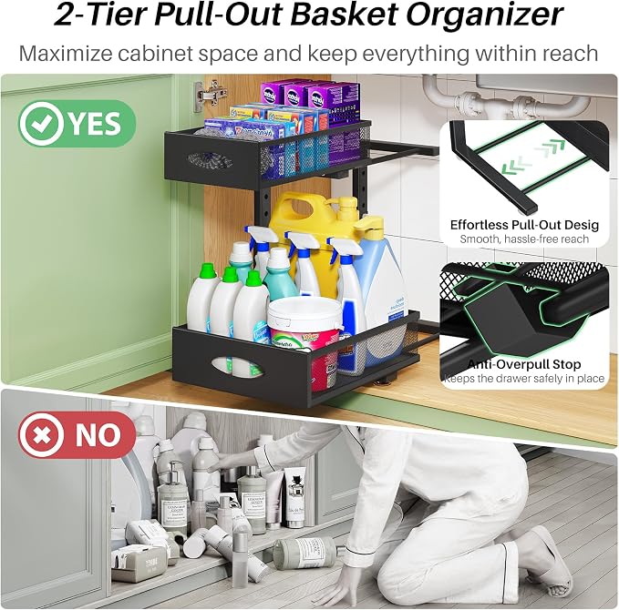 Under Sink Organizer, 2-Pack Pull Out Cabinet Organizer 2 Tier Metal Slide Out Storage Shelf Rack, L-Shaped Adjustable Height,Mesh Sliding Drawer for Kitchen, Bathroom, Laundry, Pantry, Black, XL - Image 4