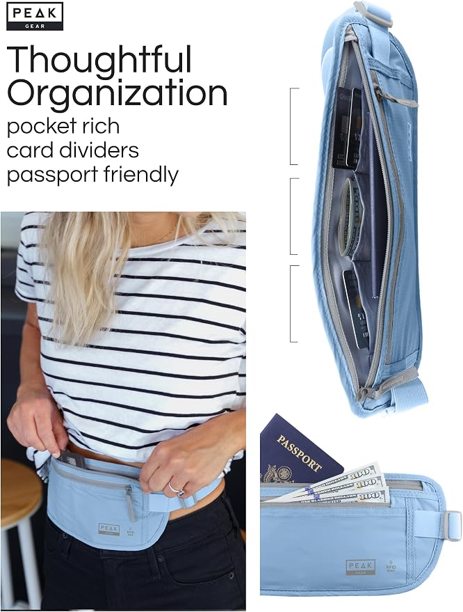 Peak Gear Travel Money Belt. Premium Quality Travel Wallet with RFID Blocking Fabric to Protect Credit Cards, Passports and Documents. Exclusive Theft Protection and 2 Recovery Tags | Blue - Image 3
