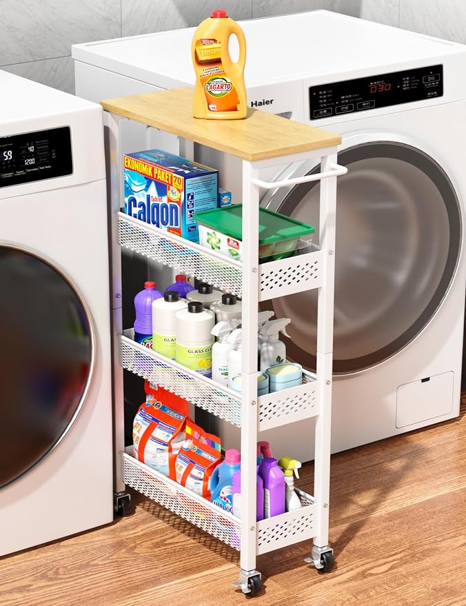 OKZEST Slim Laundry Room Organization Cart with Upgraded Metal Hub Casters | Fits between washer & dryer, 4-Tier space-saving narrow rolling cart, Premium wood top & metal mesh shelf, with handle & hook - Image 9
