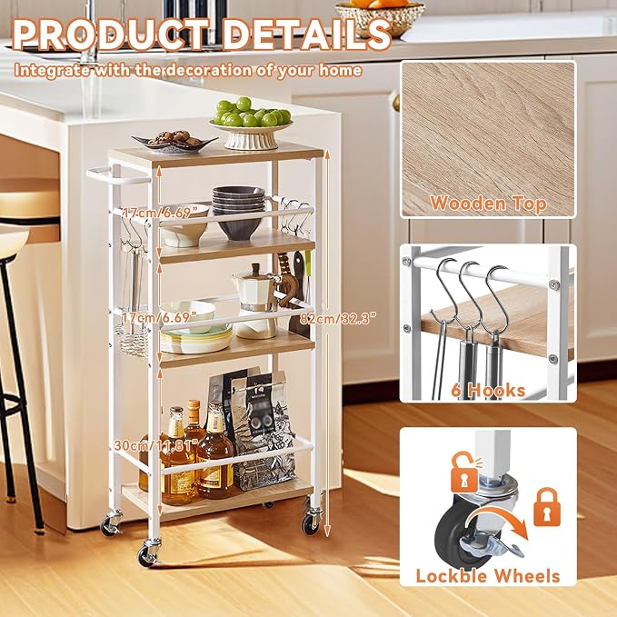 IBUYKE Slim Rolling Storage Cart, Kitchen Cart Utility Shelving UTMJ065R | 4-Tier, with Lockable Wheels,Handle&6 Hooks, 7.9" wide,for Kitchen, Laundry, Bathroom, Rustic Brown - Image 5