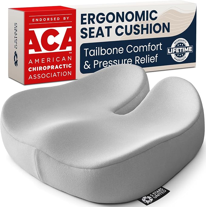5 STARS UNITED Seat Cushion - Memory Foam Chair Cushion for Tailbone Pain Relief - Ergonomic Support for Coccyx, Sciatica & Butt - Office, Desk & Gaming Chair, Car Seat, Wheelchair, Light Gray Suede by 5STARSUNITED