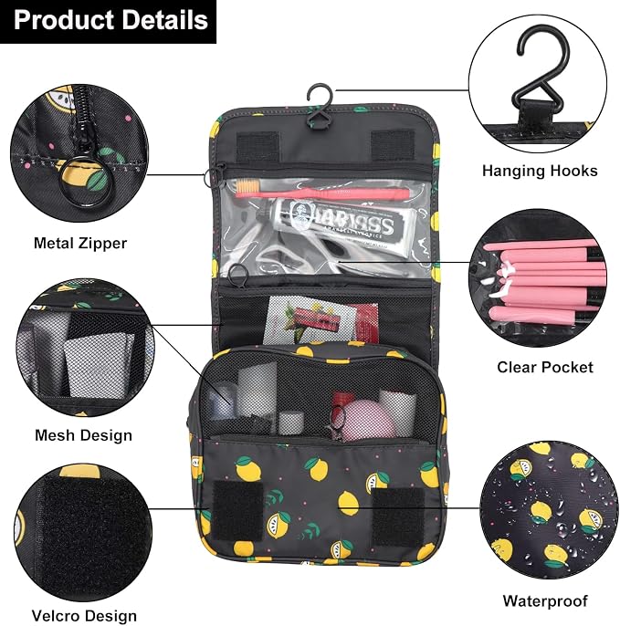 Travel Toiletry Bag for Women, Hanging Toiletry Bag with Multi-Pockets, Toiletry Bag for Traveling Easy Clean, Travel Organizer Bag Black-Lemon - Image 7