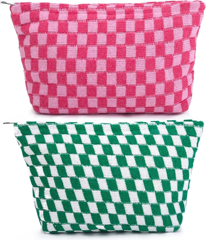 SOIDRAM 2 Pieces Makeup Bag Large Checkered Cosmetic Bag Capacity Canvas Travel Toiletry Bag Organizer Cute Makeup Brushes Aesthetic Accessories Storage Bag for Women, Checkered L Green Rose red by SOIDRAM