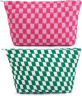 SOIDRAM 2 Pieces Makeup Bag Large Checkered Cosmetic Bag Capacity Canvas Travel Toiletry Bag Organizer Cute Makeup Brushes Aesthetic Accessories Storage Bag for Women, Checkered L Green Rose red by SOIDRAM