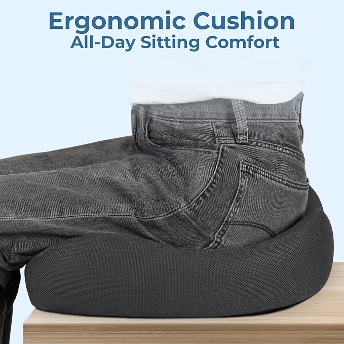 5 STARS UNITED Seat Cushion - Memory Foam Chair Cushion for Tailbone Pain Relief - Ergonomic Support for Coccyx, Sciatica & Butt - Office, Desk & Gaming Chair, Car Seat, Wheelchair, Dark Gray Mesh - Image 4
