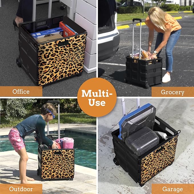 Inspired Living Ultra-Slim Rolling Collapsible Storage Pack-N-Roll Utility-carts, with Telescopic Handle, for Home, Garden, Shopping, Office, School use, Large, Leopard - Image 6