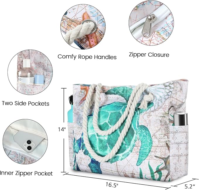 Clothirily Beach Bag for Women, Large Beach Tote Bag Waterproof with Zipper | Large Capacity Swim Pool Bag, Inner Pockets, Sandproof Foldable Beach Tote for Travel Essentials - Image 4