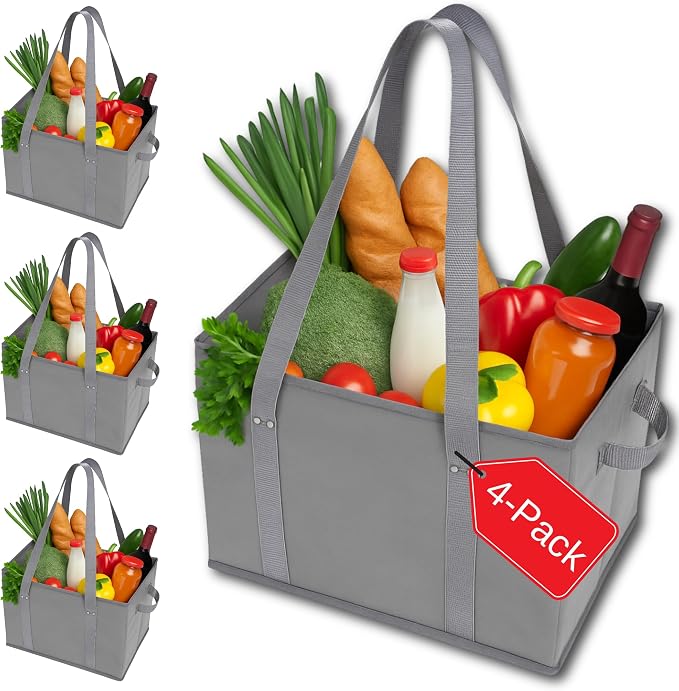 BAG-THAT! 4pk Reusable Grocery Bags Shopping Bags Tote Box Large Heavy Duty Groceries Bag Handles Foldable Reinforced Bottom (Gray) by BAGTHAT