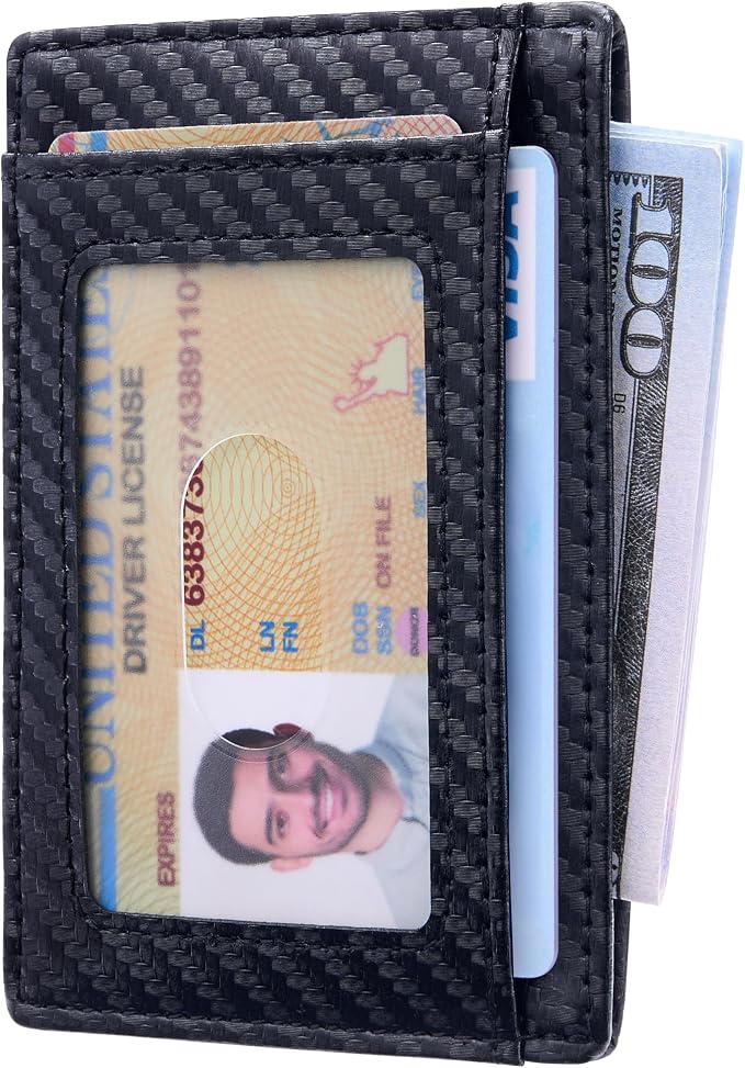 Travelambo Slim Wallet Front Pocket Minimalist Leather RFID Blocking Medium Size (Carbon Fiber Black) - Image 2