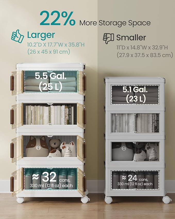 SONGMICS 26QT stackable storage bins with 1 Lid, 4-Tier Foldable Bins | Collapsible Cabinet, PP Plastic, Magnetic Doors and wheels, 17.7 x 10.2 x 35.8 inch, White, DENNYS Collection URLB445WZ01 - Image 3
