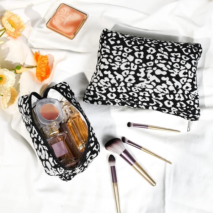 SOIDRAM 2 Pieces Leopard Print Makeup Bag Large Cosmetic Bag Capacity Canvas Mix Travel Toiletry Bag Organizer Cute Makeup Brushes Aesthetic Accessories Storage Bag for Women, Leopard Print Mix Black - Image 4