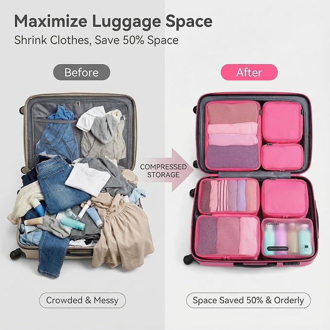 6 Set Compression Packing Cubes for 7–14 Day Travel, Rose Red | Nylon Oxford Fabric, Full Breathable Mesh, Reinforced Double-Zipper, Small to Large Size Bag, Expandable Packing System - Image 4