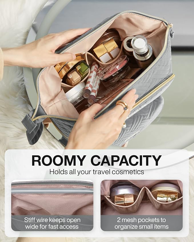 BAGSMART Travel Makeup Bag, Cosmetic Bag Make Up Organizer Case, Large Wide-open Pouch for Women Double Layers Purse for Toiletries Accessories Brushes Greey - Image 2