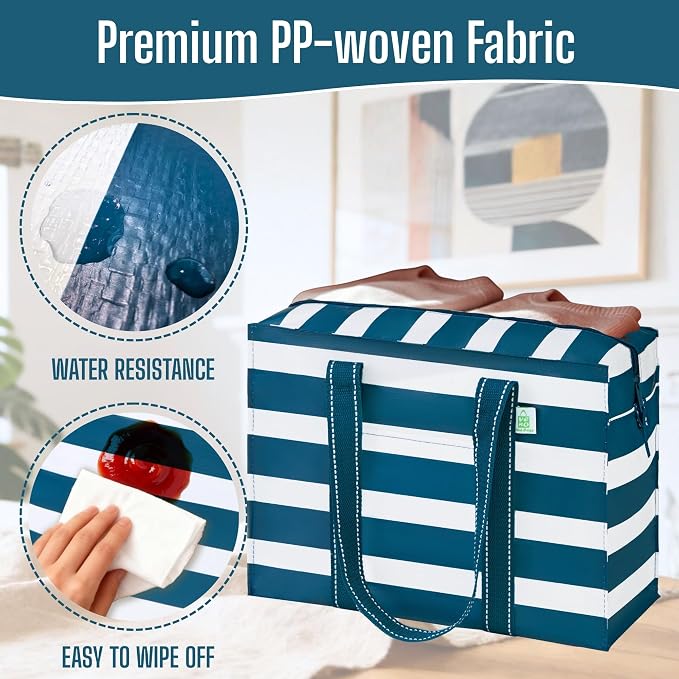 VENO 4 Pack Utility Tote Reusable Grocery Bags with Zipper & Hard Bottom | Heavy Duty Foldable Water-Resistant Shopping Bags for Summer Beach, Picnic & Travel Carry-on (Classic Navy Stripe, 4 Pack) - Image 7