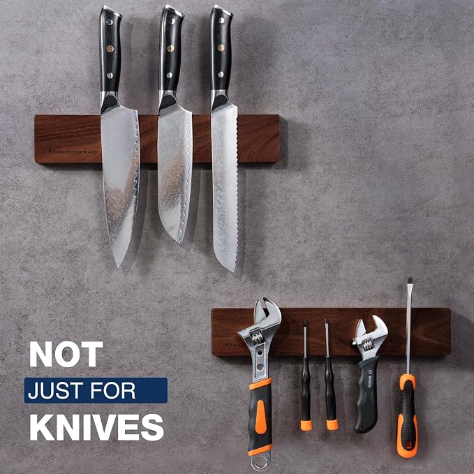 Magnetic Knife Strip 12”, Acacia Wood Knife Holder for Wall Mount | No Drill for Fridge, Dual-Row Magnet Hold 6 Knives & Heavy Cleaver, 3M Tape & Screw Mount, Kitchen Knife & Utensil Organizer - Image 7
