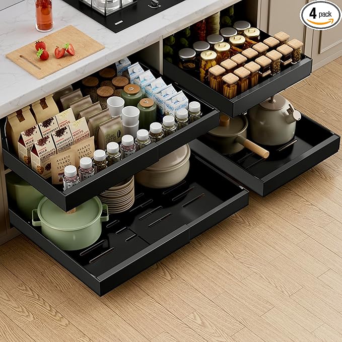 PAKETA 4 Pack Expandable Pull Out Cabinet Organizer,21" Deep | Pull Out Drawers for Cabinets with width from 12" to 20",Sliding Drawers for Cabinets with Upgrade 3 Slide Rails,hold 65 lbs by Unknown
