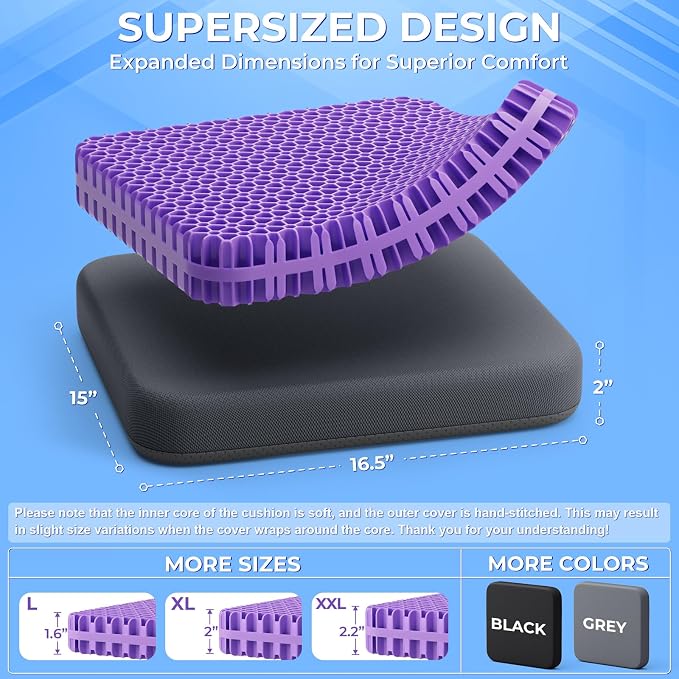 TushGuard Gel Seat Cushion for Long Sitting, Breathable Thick Patent Design | Enlarged Cooling Chair Pad for Office Chair, Wheelchair, Desk Chair, Supportive Car Cushion (2"Thick, Grey+Violet) - Image 3