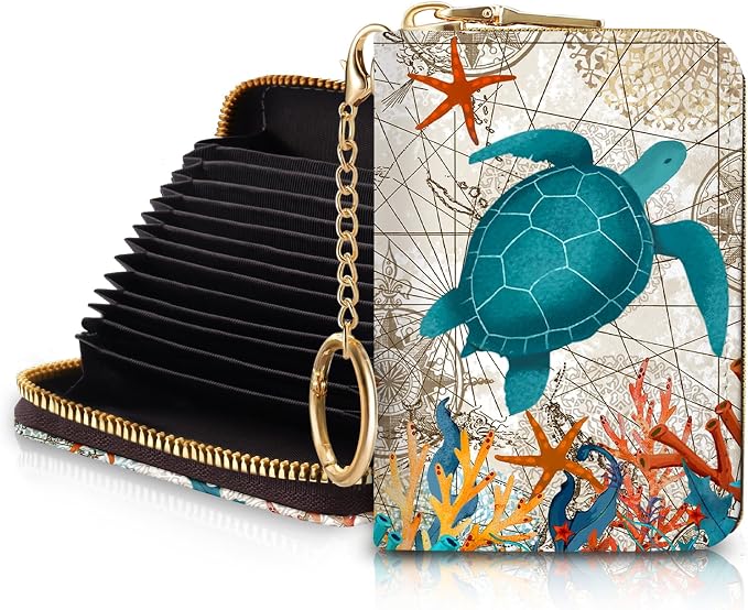 Blusabaca RFID Credit Card Holder Small Women Travel Wallet, Sea Turtle | Removable Keychain, Case with Zipper, Vegan PU Leather, Cash Coin Pocket, Business Accordion Purse, Ladies Female Gift by Blusabaca