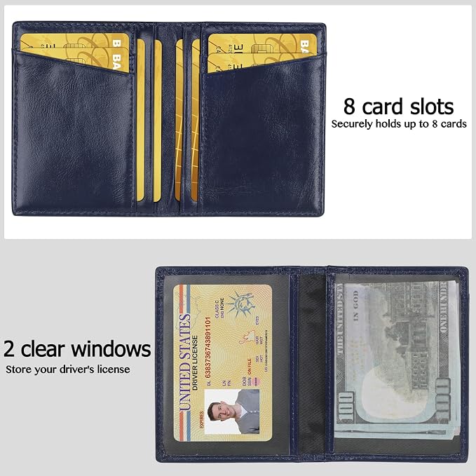 Unaone Slim Minimalist Wallet - Premium Leather RFID Blocking Front Pocket Wallets with 8 Card Slots and 2 ID Window, Dark Blue - Image 2