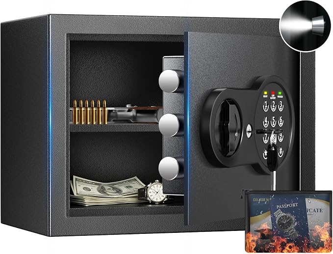 9.84'' Tall Small Safe Box, Home Safes with Removable Shelf | Fireproof Bag, Keys & Pass Code,Mini Fireproof Security Safe with Smart Alert and Wall Mount Kits for Money,Jewelry,Documents by Mitlvge