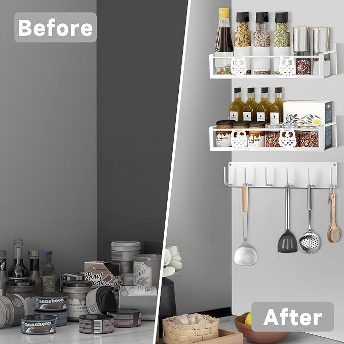Magnetic Spice Rack,Magnetic Shelf for Fridge,Spice Organizer,Fridge Organizer,Kitchen Storage Organization with Magnetic Hooks,Owl Home Decor(White) - Image 4